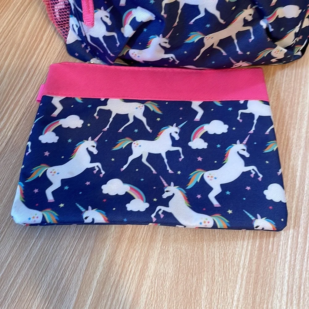 Unicorn backpack blue and pink matching pencil case rainbows girl kids youth